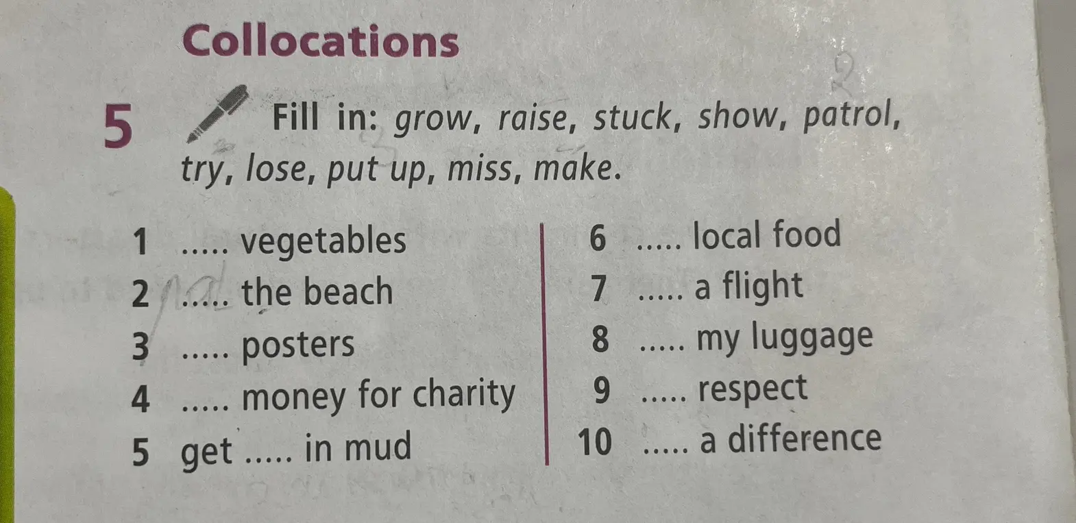 Заполни пропуски словами: grow, raise, stuck, show, patrol, try, lose, put up, miss, make.