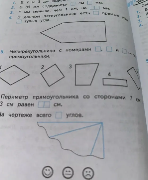 Заполни пропуски в заданиях по математике, где нужно перевести единицы измерения, посчитать тупые углы в пятиугольнике, определить прямоугольники среди четырёхугольников, найти периметр прямоугольника и посчитать количество углов на чертеже.