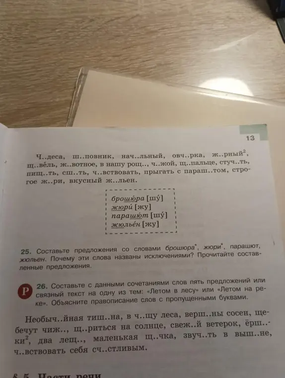 Составьте предложения со словами брошюра, жюри, парашют, жюльен. Почему эти слова названы исключениями?
