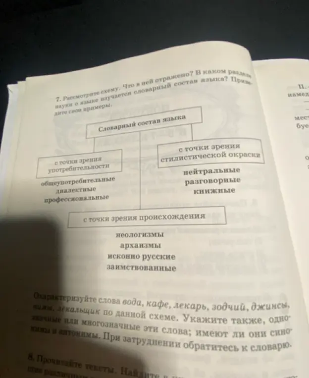 Рассмотри схему, что в ней отражено, в каком разделе науки о языке изучается словарный состав языка и приведи свои примеры