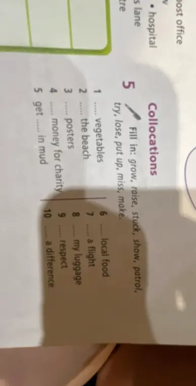 Заполни пропуски в словосочетаниях, используя слова: grow, raise, stuck, show, patrol, try, lose, put up, miss, make. 1. ... vegetables