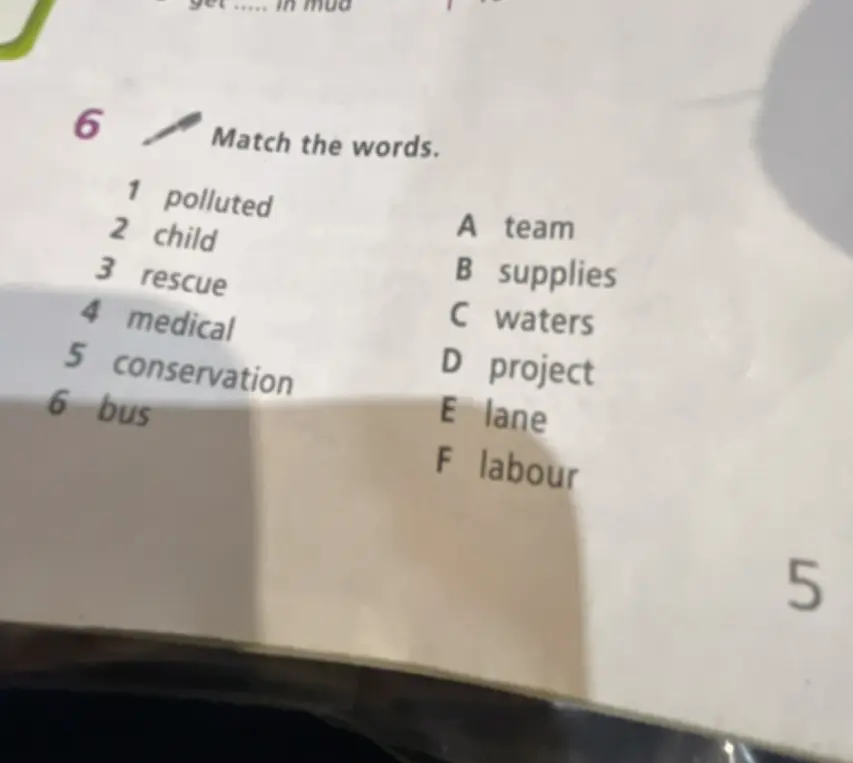 Соедини слова из двух колонок, чтобы получились словосочетания (Match the words). 1. polluted, 2. child...