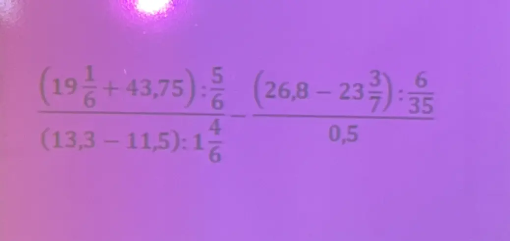 Вычисли значение выражения ((19 1/6 + 43,75) : 5/6) / ((13,3 - 11,5) : 1 4/6) - ((26,8 - 23 3/7) : 6/35) / 0,5