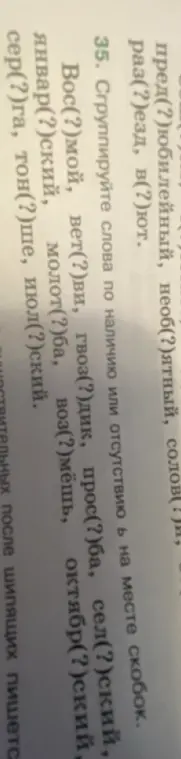 Сгруппируйте слова по наличию или отсутствию ь на месте скобок.