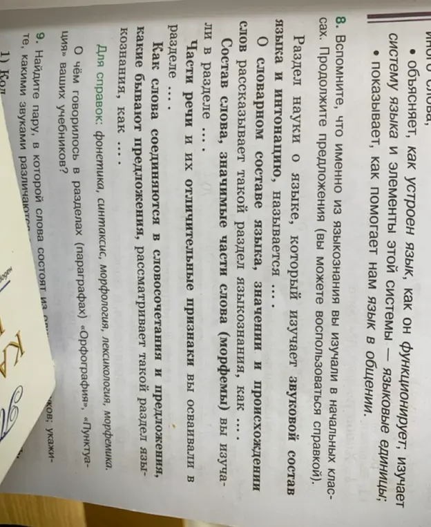 Вспомните, что именно из языкознания вы изучали в начальных классах. Продолжите предложения.