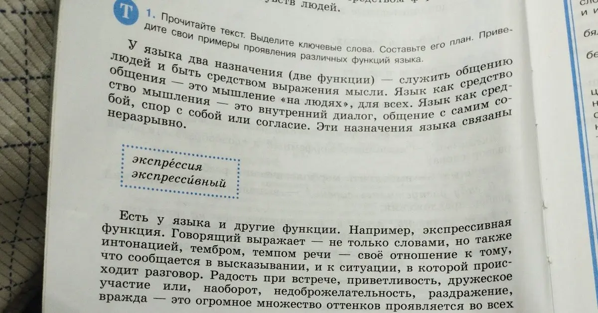 Прочитай текст, выдели ключевые слова, составь его план и приведи свои примеры проявления различных функций языка.