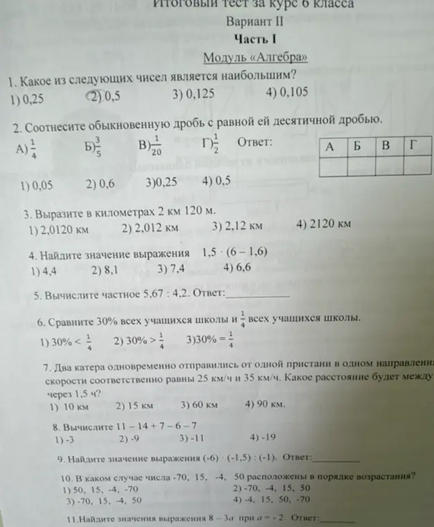 Реши итоговый тест по алгебре за 6 класс. Какое из следующих чисел является наибольшим: 0,25; 0,5; 0,125; 0,105?