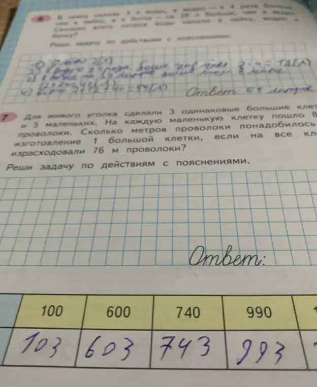 Для живого уголка сделали 3 одинаковые большие клетки и 5 маленьких. На каждую маленькую клетку пошло 8 м проволоки. Сколько метров проволоки понадобилось на изготовление 1 большой клетки, если на все клетки израсходовали 76 м проволоки?