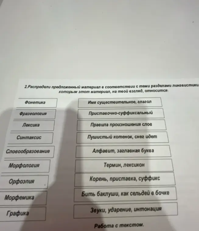 Распредели предложенный материал в соответствии с теми разделами лингвистики, к которым этот материал относится