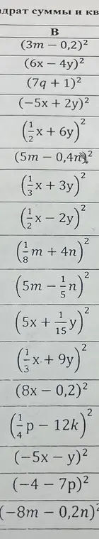 Реши примеры на квадрат суммы и разности: $(3m - 0,2)^2$