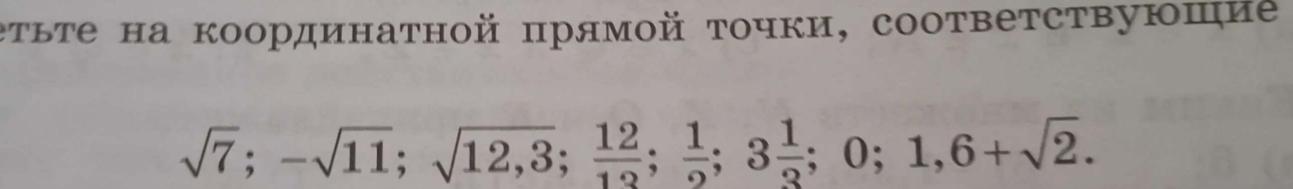 Отметьте на координатной прямой точки, соответствующие числам √7; -√11; √12,3; 12/13; 1/2; 3 1/3; 0; 1,6+√2.