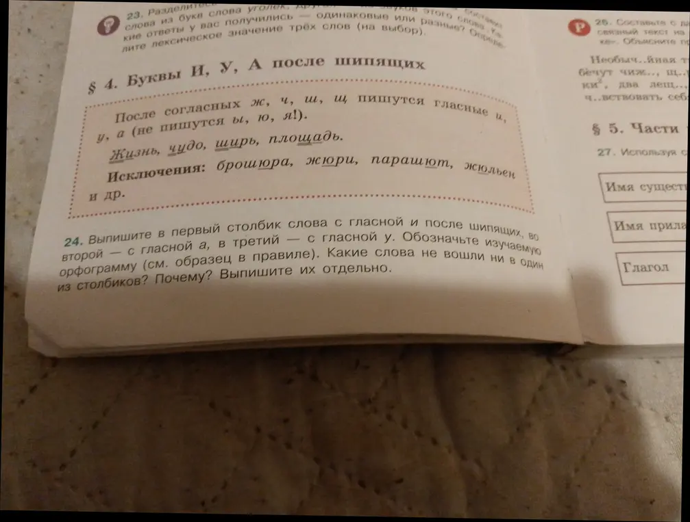Выпиши в первый столбик слова с гласной и после шипящих, во второй — с гласной а, в третий — с гласной у.
