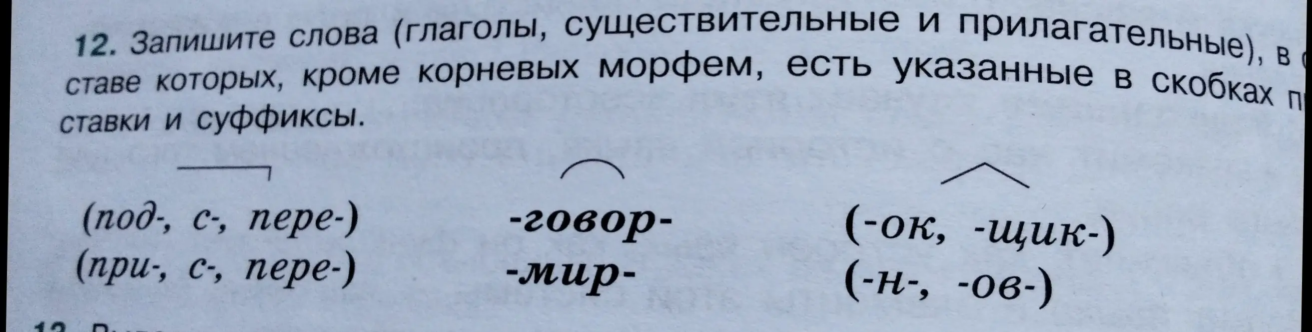 Запиши слова (глаголы, существительные и прилагательные), в составе которых, кроме корневых морфем, есть указанные в скобках приставки и суффиксы.