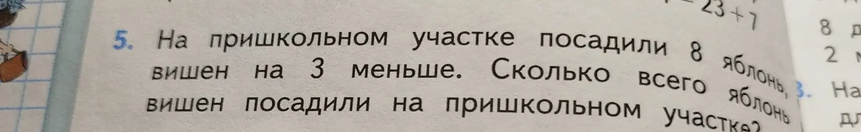 На пришкольном участке посадили 8 яблонь, а вишен на 3 меньше. Сколько всего деревьев посадили на пришкольном участке?