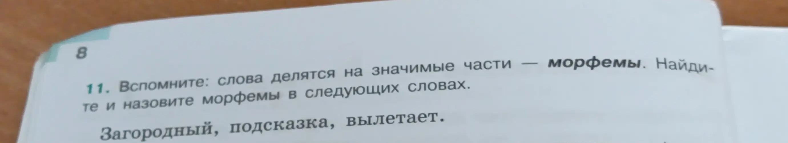 Найди и назови морфемы в словах Загородный, подсказка, вылетает.