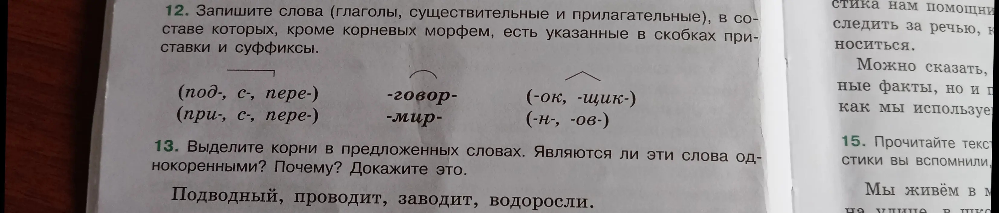 Запишите слова (глаголы, существительные и прилагательные), в составе которых, кроме корневых морфем, есть указанные в скобках приставки и суффиксы.