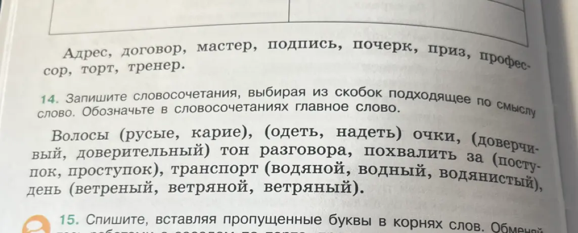 Запиши словосочетания, выбирая из скобок подходящее по смыслу слово, и обозначь в них главное слово.