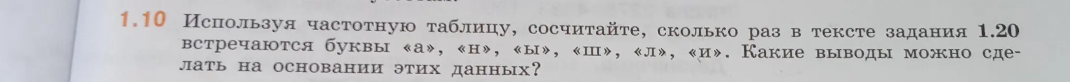 Используя частотную таблицу, сосчитай, сколько раз в тексте задания 1.20 встречаются буквы «а», «н», «ы», «ш», «л», «и».