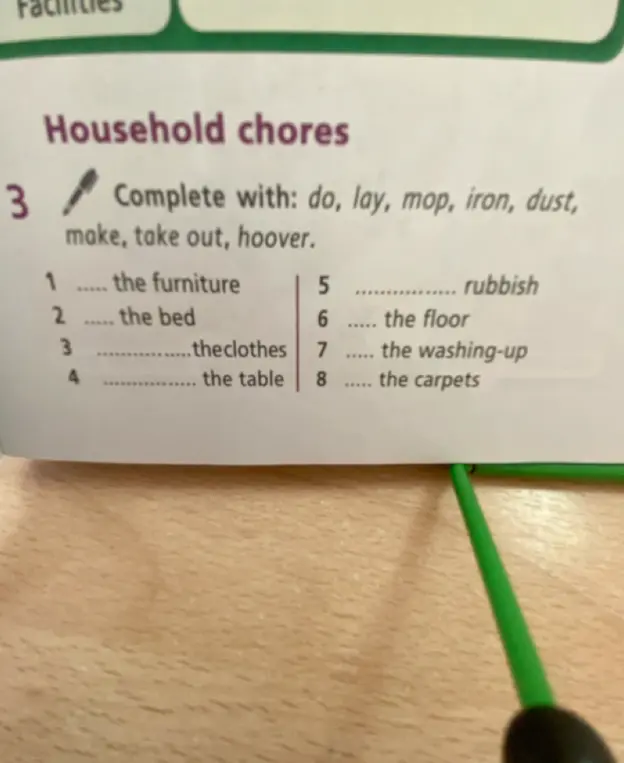 Дополни предложения, используя слова: do, lay, mop, iron, dust, make, take out, hoover. 1. ...... the furniture.