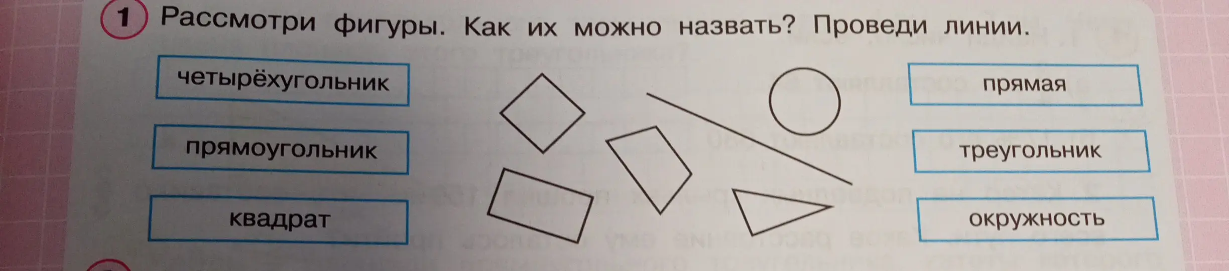 Рассмотри фигуры. Как их можно назвать? Проведи линии.