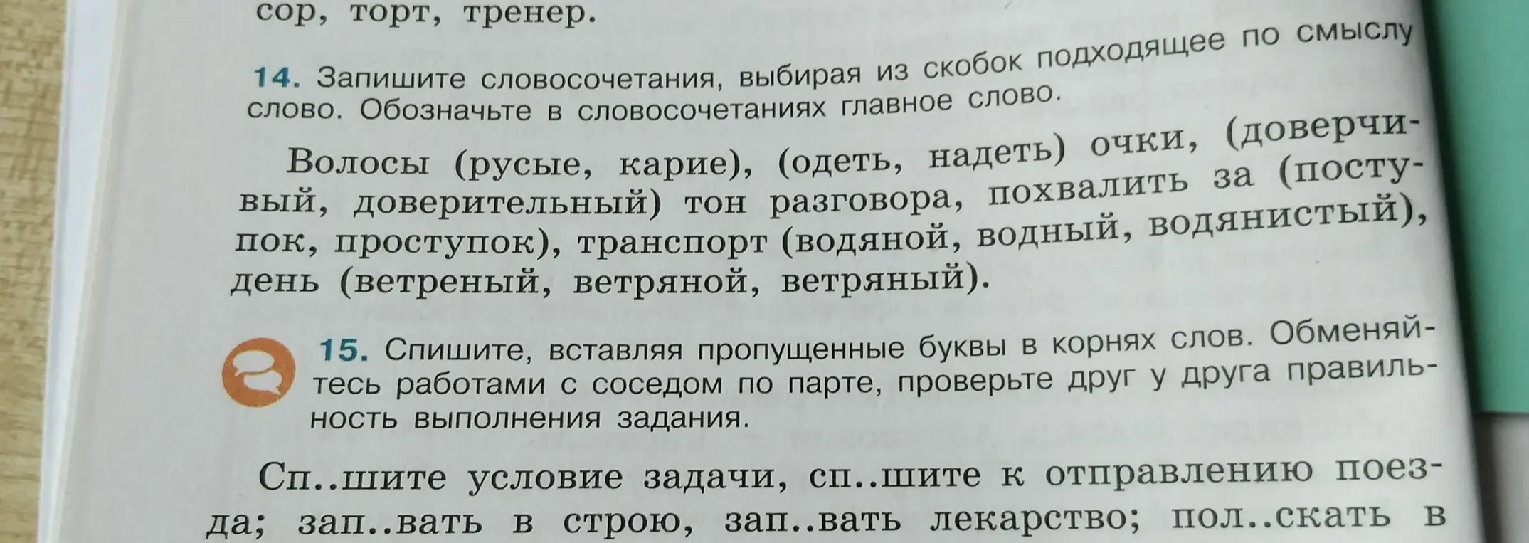 Запиши словосочетания, выбирая из скобок подходящее по смыслу слово.