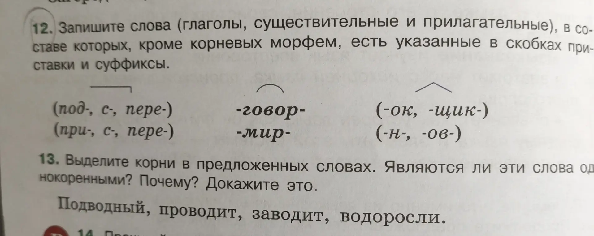 Запиши слова (глаголы, существительные и прилагательные), в составе которых, кроме корневых морфем, есть указанные в скобках приставки и суффиксы.