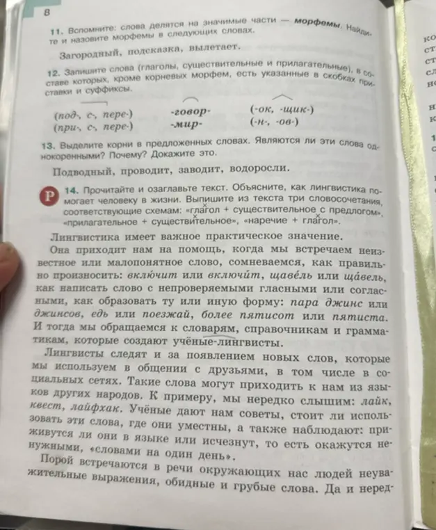 Вспомни: слова делятся на значимые части — морфемы. Найди и назови морфемы в следующих словах: Загородный, подсказка, вылетает.