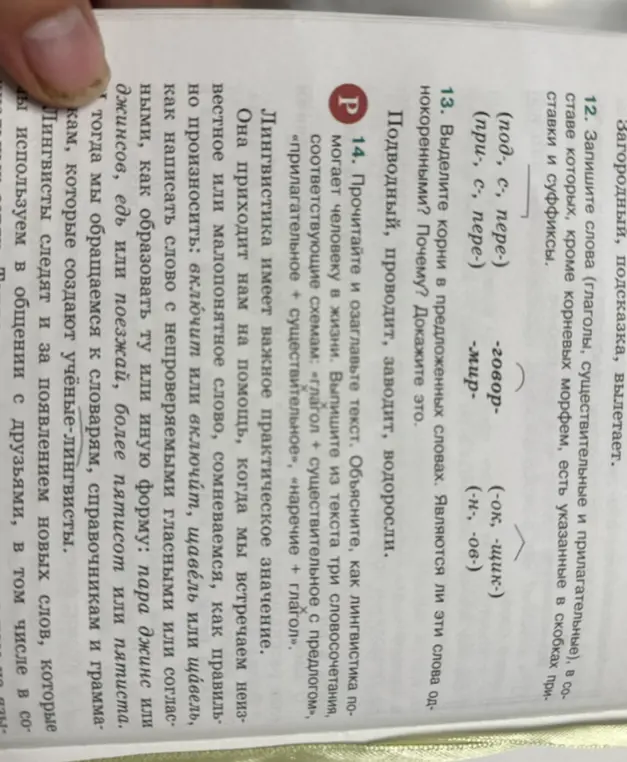 Запиши слова (глаголы, существительные и прилагательные), в составе которых, кроме корневых морфем, есть указанные в скобках приставки и суффиксы.
