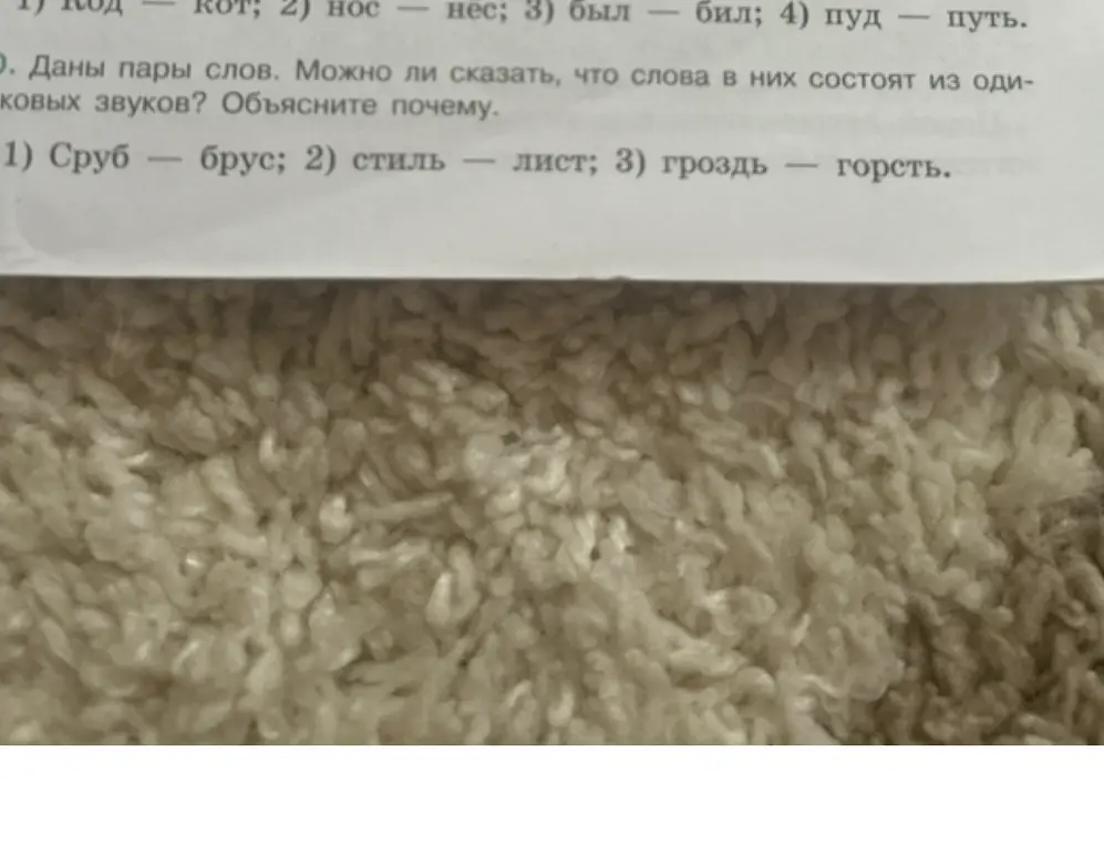 Можно ли сказать, что слова в паре 'Сруб — брус' состоят из одинаковых звуков? Объясни почему.