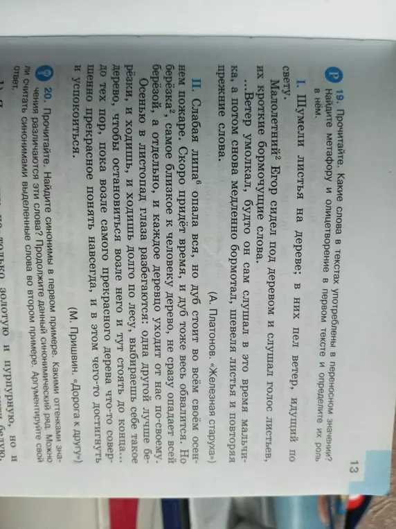 Какие слова в текстах употреблены в переносном значении? Найди метафору и олицетворение в первом тексте и определи их роль в нём.