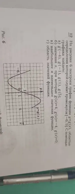 На рисунке 6 построен график функции y=g(x), областью определения которой служит промежуток [-6; 5]. С помощью графика найдите: а) g(-4), g(-1), g(1), g(5);