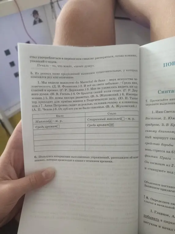 Выпиши существительные, у которых изменился род или окончание, из предложения 'Мы видели мавзолею du Marechal de Saxe – верх искусства человеческого'