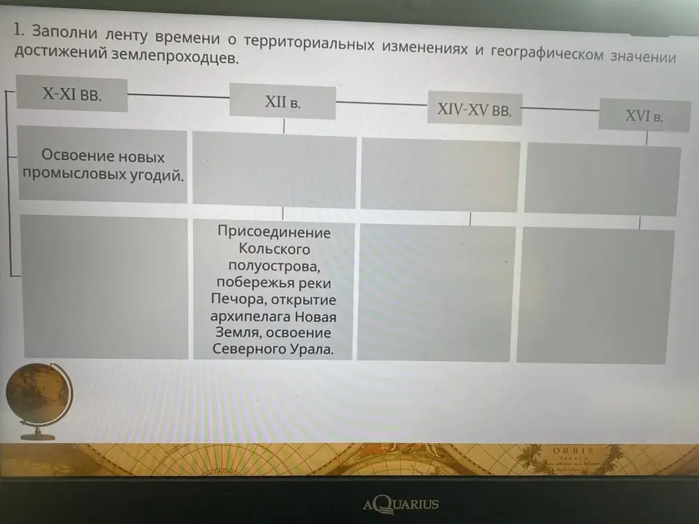 Заполни ленту времени о территориальных изменениях и географическом значении достижений землепроходцев.