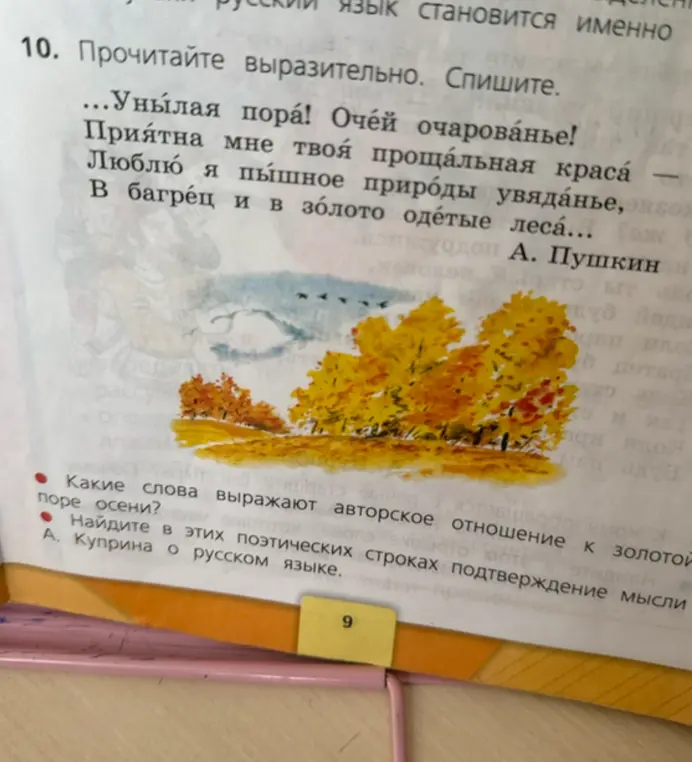 Какие слова выражают авторское отношение к золотой поре осени?