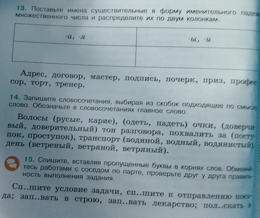 Поставьте имена существительные в форму именительного падежа множественного числа и распределите их по двум колонкам.