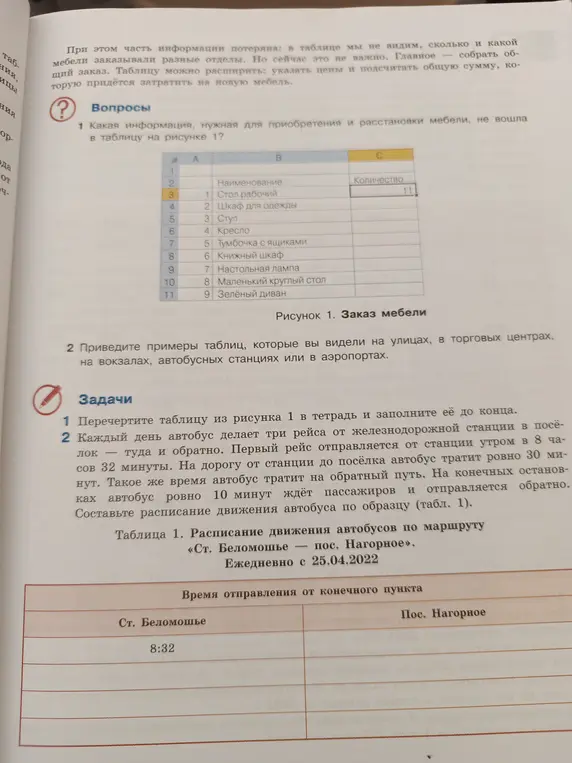 Какая информация, нужная для приобретения и расстановки мебели, не вошла в таблицу на рисунке 1?