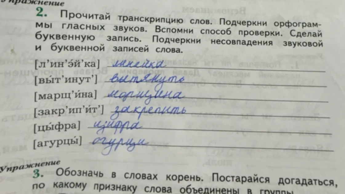Прочитай транскрипцию слов [л’ин’эй’ка]. Подчеркни орфограммы гласных звуков. Вспомни способ проверки. Сделай буквенную запись. Подчеркни несовпадения звуковой и буквенной записей слова.