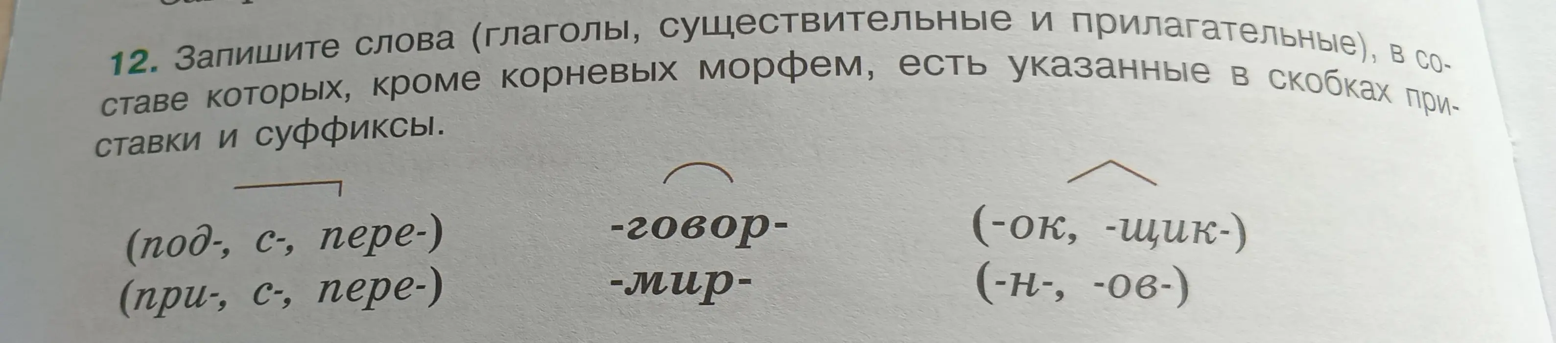 Запишите слова (глаголы, существительные и прилагательные), в составе которых, кроме корневых морфем, есть указанные в скобках приставки и суффиксы.