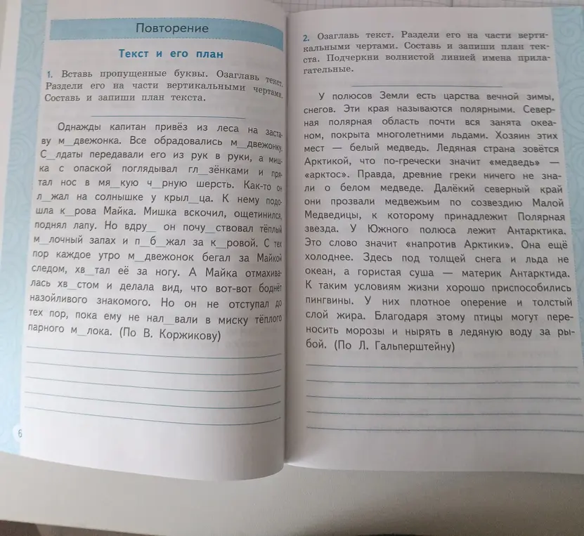 Вставь пропущенные буквы. Озаглавь текст. Раздели его на части вертикальными чертами. Составь и запиши план текста.