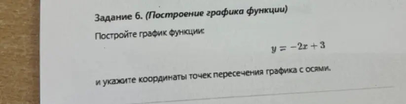 Построй график функции y = -2x + 3 и укажи координаты точек пересечения графика с осями.