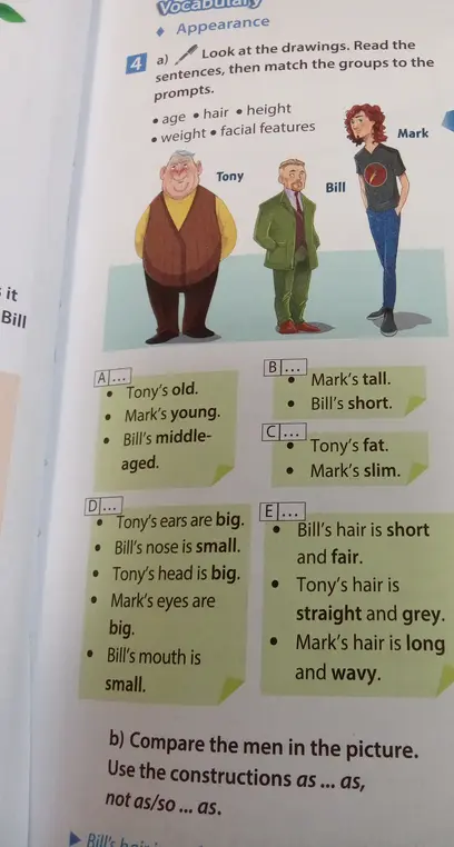 Сопоставь группы предложений A-E с темами 'age', 'hair', 'height', 'weight', 'facial features'.