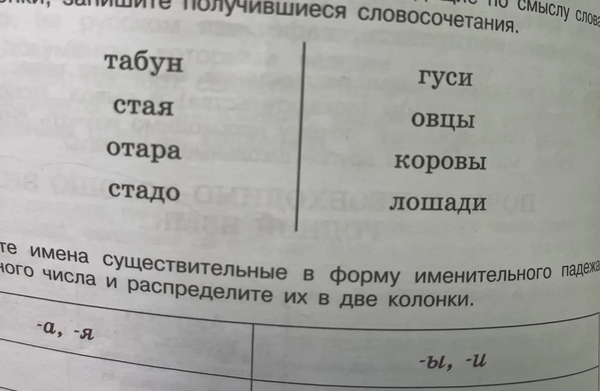 Соедини по смыслу слова и запиши получившиеся словосочетания.