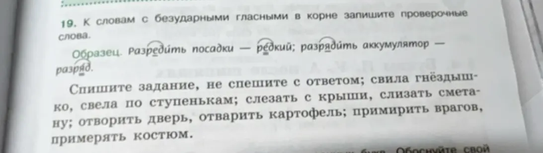 К словам с безударными гласными в корне запишите проверочные слова.