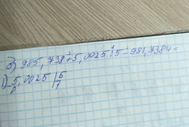 Реши пример: 985,738 + 5,0025 : 1,5 - 981,4384