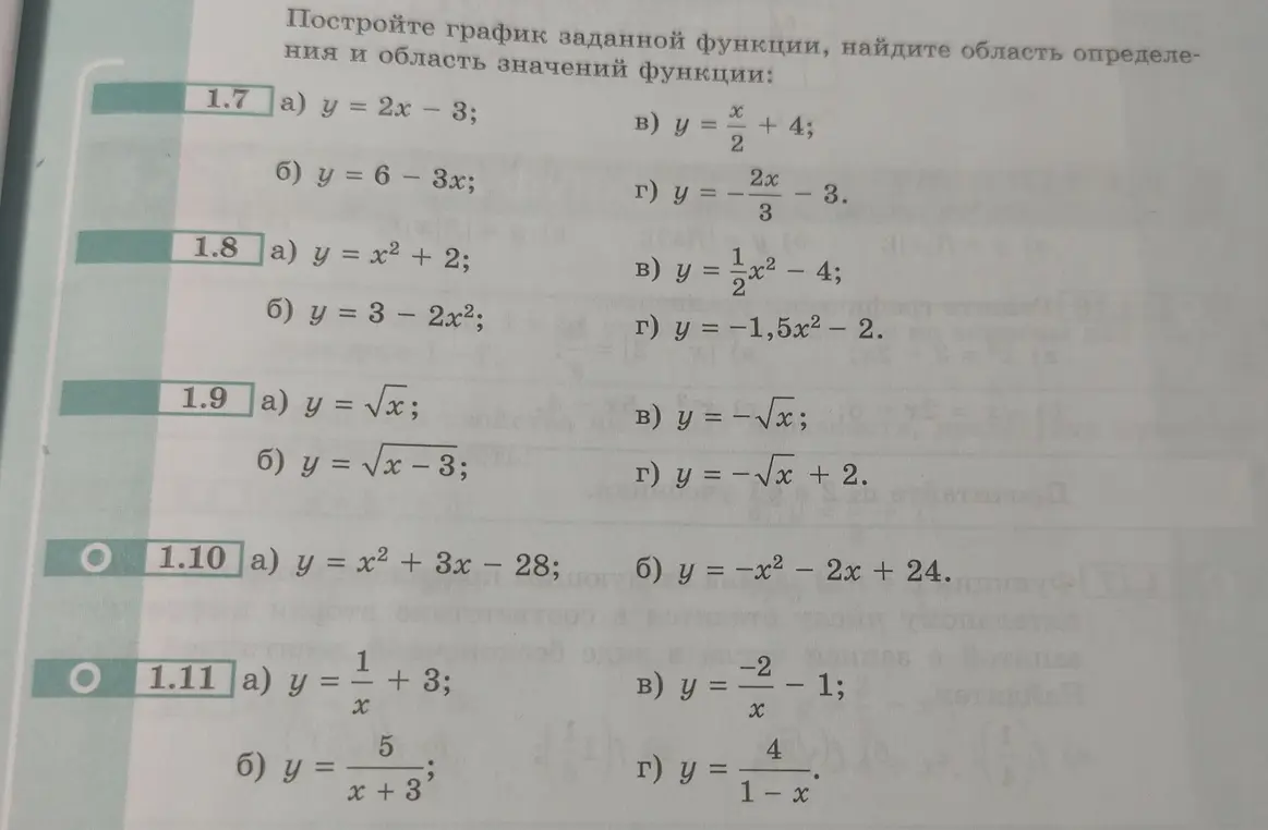 Построй график заданной функции y = 2x - 3, найди область определения и область значений функции.