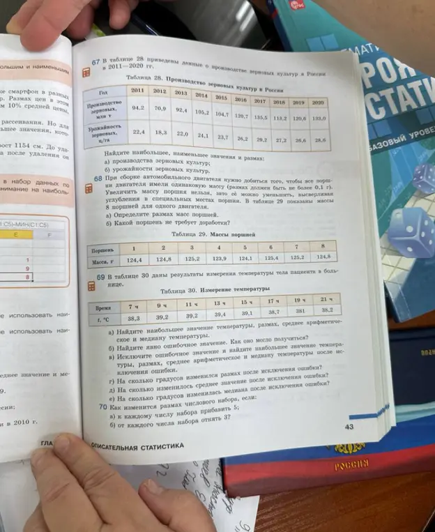 Найди наибольшее, наименьшее значения и размах производства зерновых культур.