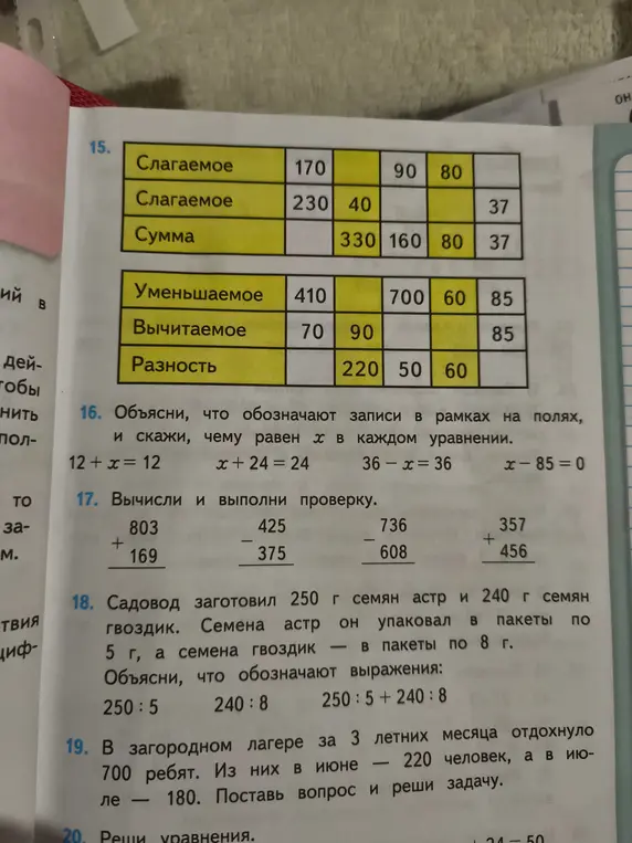 Заполни пропуски в таблицах на сложение и вычитание