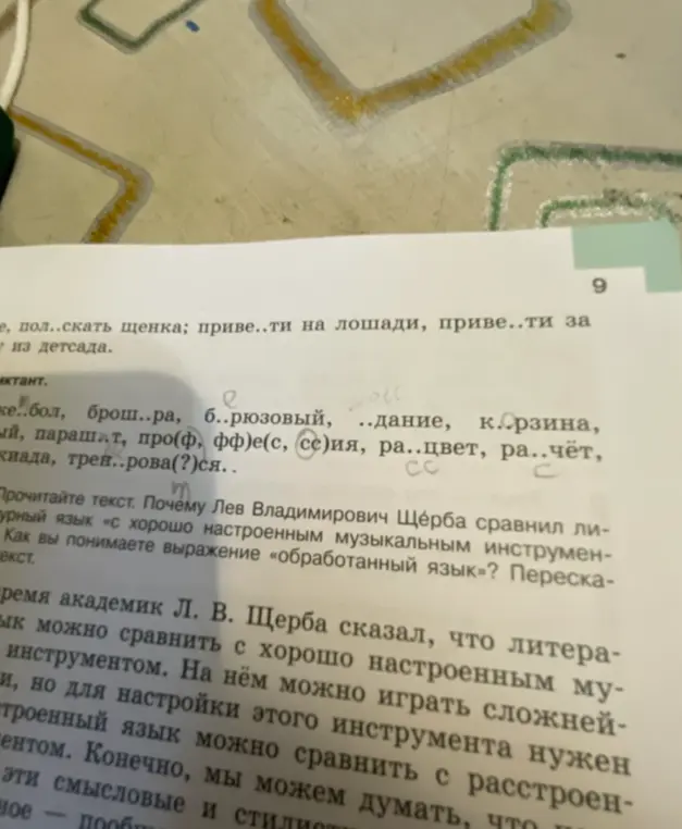 Вставь пропущенные буквы в словах (пол..скать щенка; приве..ти на лошади и другие) и ответь на вопросы по тексту о сравнении языка с музыкальным инструментом.