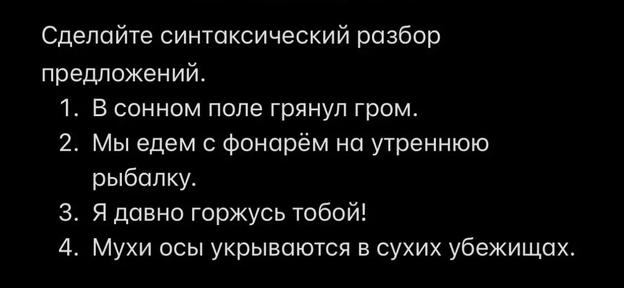 Сделайте синтаксический разбор предложений. 1. В сонном поле грянул гром.