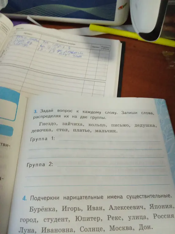 Задай вопрос к каждому слову. Запиши слова, распределяя их на две группы.